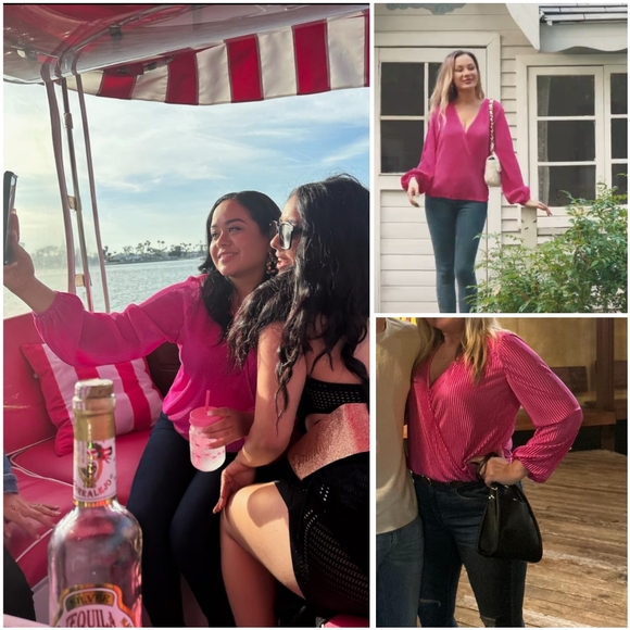 NWT Cupshe Black Pleated Long Lanturn Bell Sleeve V Surplice Summer Blouse Top S - Picture 7 of 11